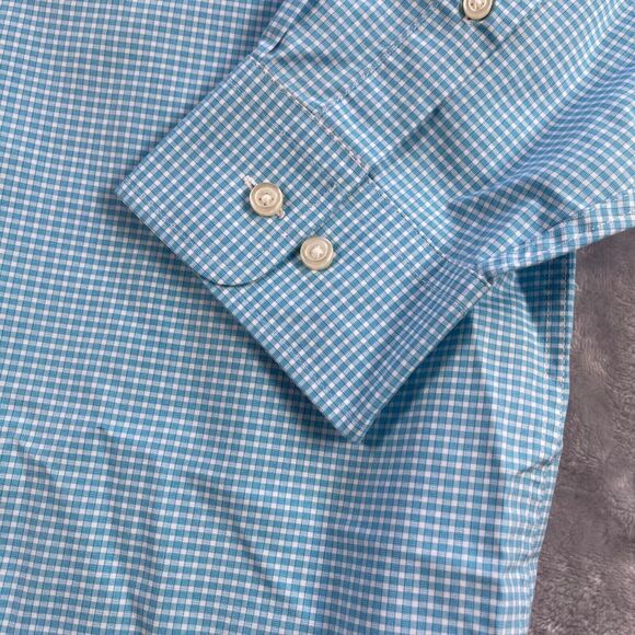 Jos A Bank Shirt Men Large Turquoise Gingham Check Cotton Travelers Button Front - Picture 5 of 16